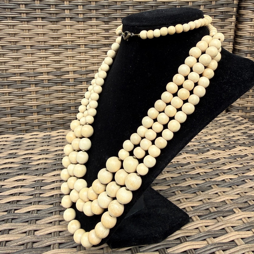 Wood Bead Multi Strand Necklace Tiered Layered Statement Boho Natural Neutral - Picture 3 of 7